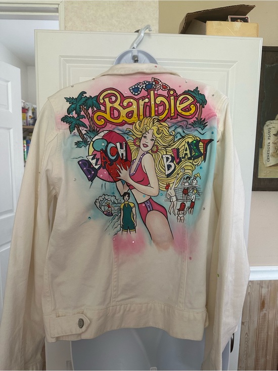 GAP Jackets & Blazers - GAP Barbie Beach Blast Graphic Denim Jacket - Cream with Pink & Multicolor